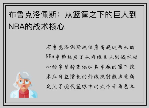 布鲁克洛佩斯：从篮筐之下的巨人到NBA的战术核心